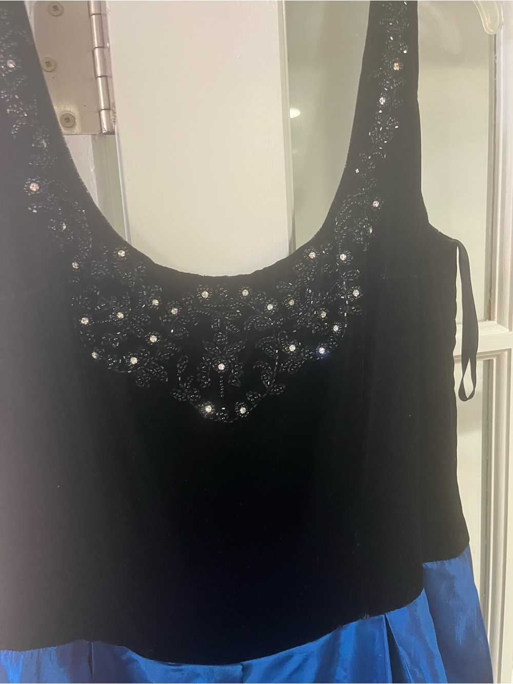 Lord & Taylor Black Velvet Beaded Scoop Neck Prom Dress with Blue Skirt